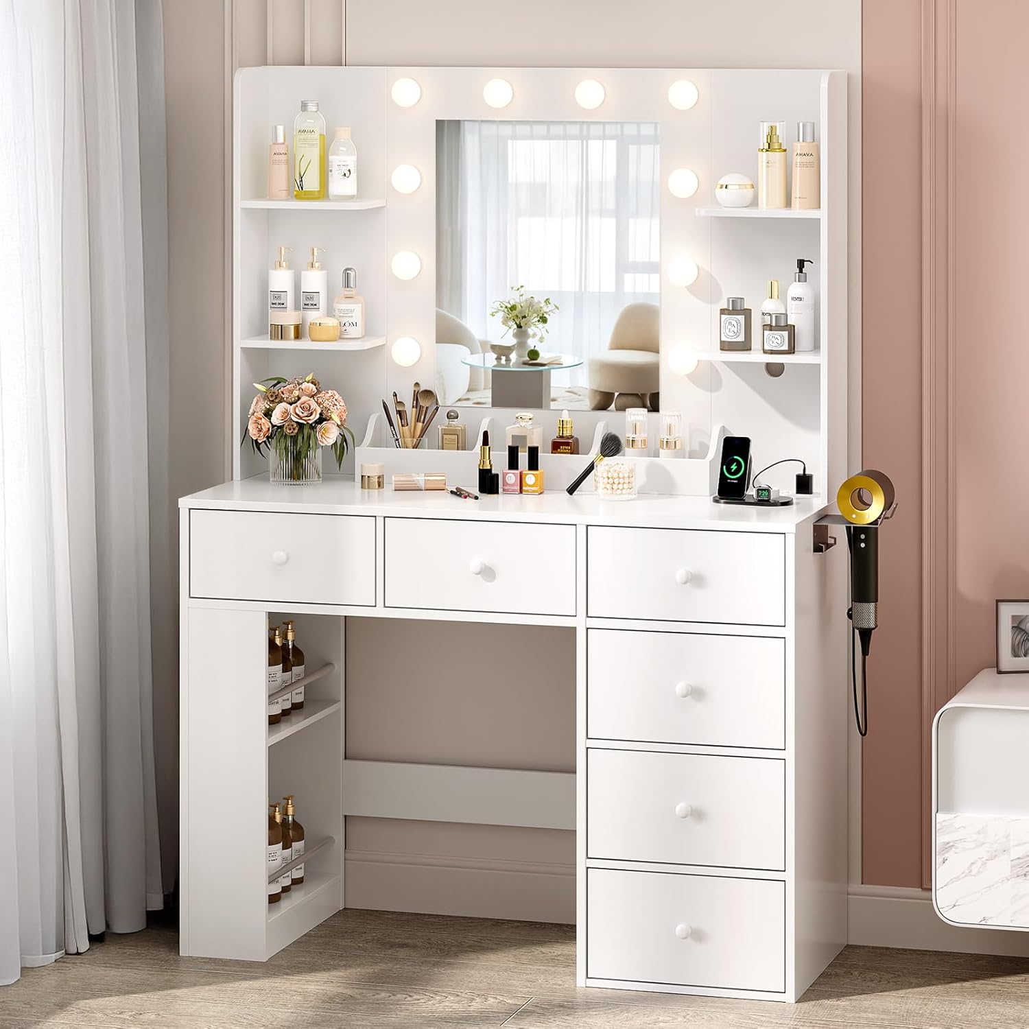 VINGLI Vanity Desk with Mirror and Lights, Makeup Vanity Table w/ 6 Storage Drawers & Shelevs, 58in Dressing Table Built in Hollywood Bulbs & Charging Station & Hairdryer Holder, Gifts for Girls