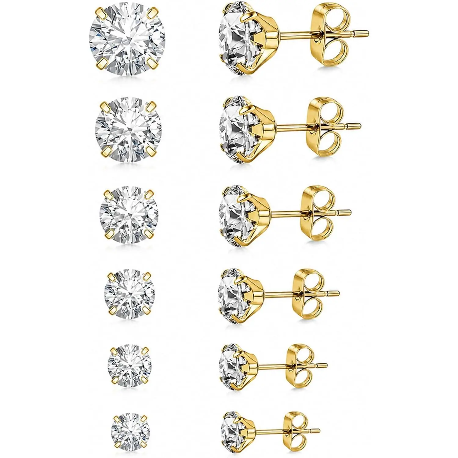 6 Pairs Stud Earrings for Women, 14K Gold Plated Hypoallergenic 316L Surgical Stainless Steel Earrings Studs Sets Cubic Zirconia Cartilage Earrings