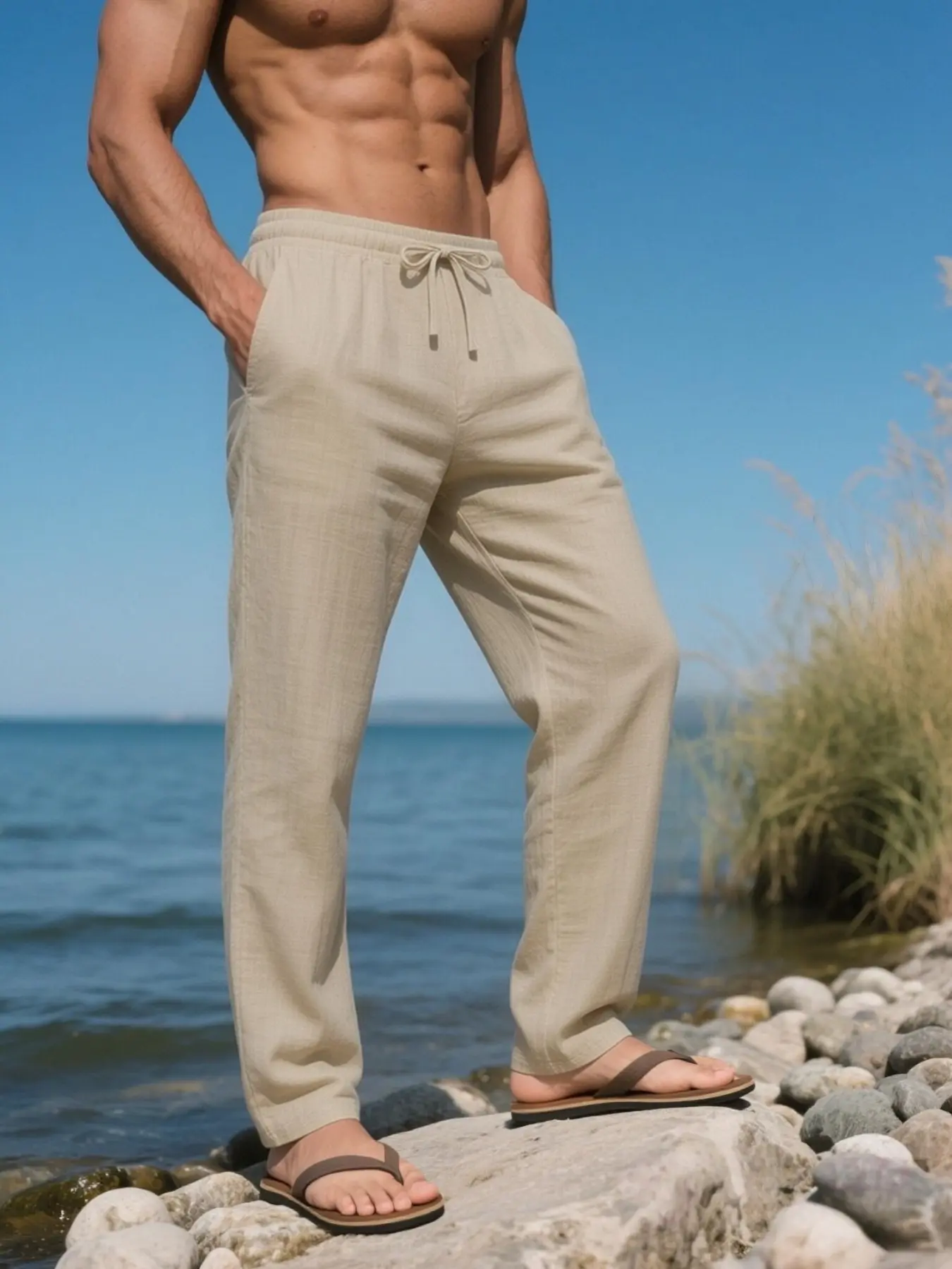 Men's Linen Long Plain Casual Minimalist Trousers Pants, Breathable Tropical Summer Wear, Perfect for Beach, Travel and Commute, Fashionable Bottoms for Men, Casual Comfy Trousers