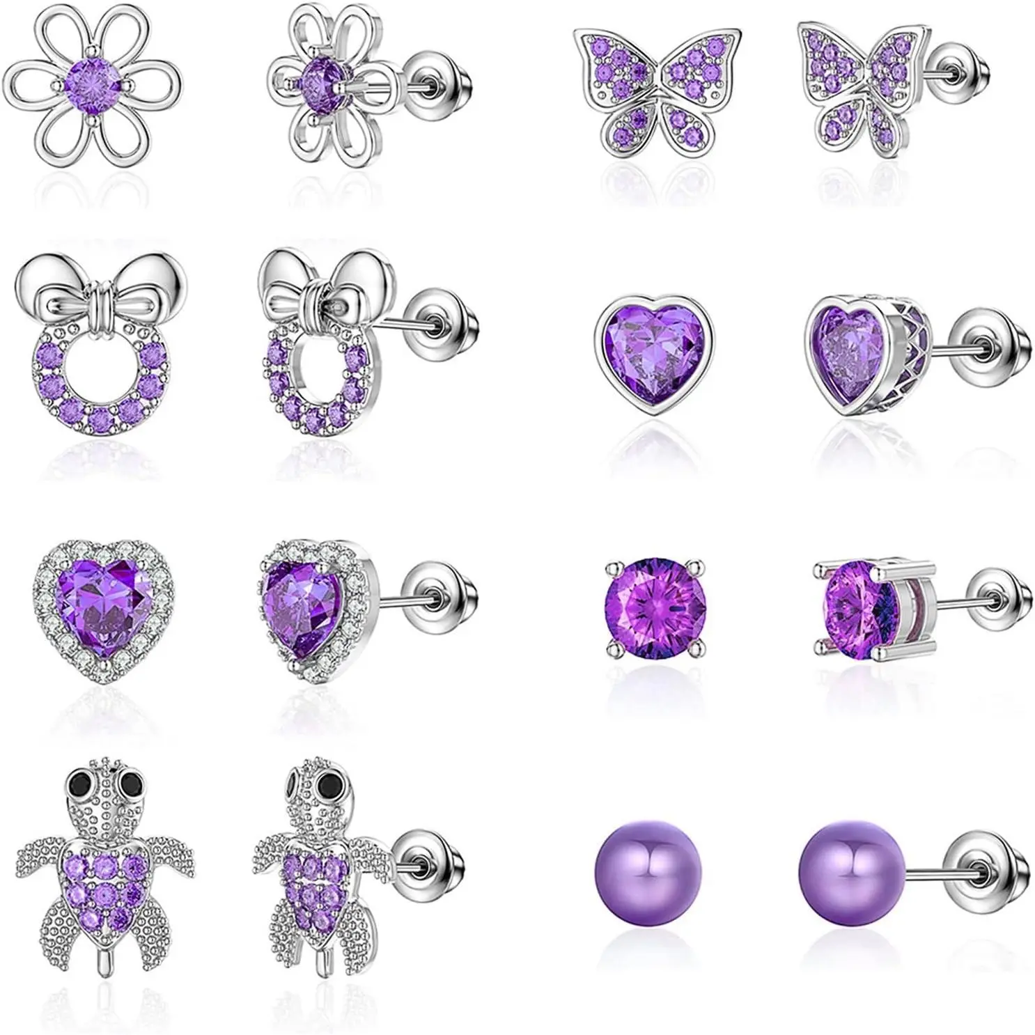 8 Pairs Hypoallergenic Earrings 925 Sterling Silver Stud Earrings Heart CZ Tiny Butterfly For Kids, Toddlers, Little Girls, Teens, Women