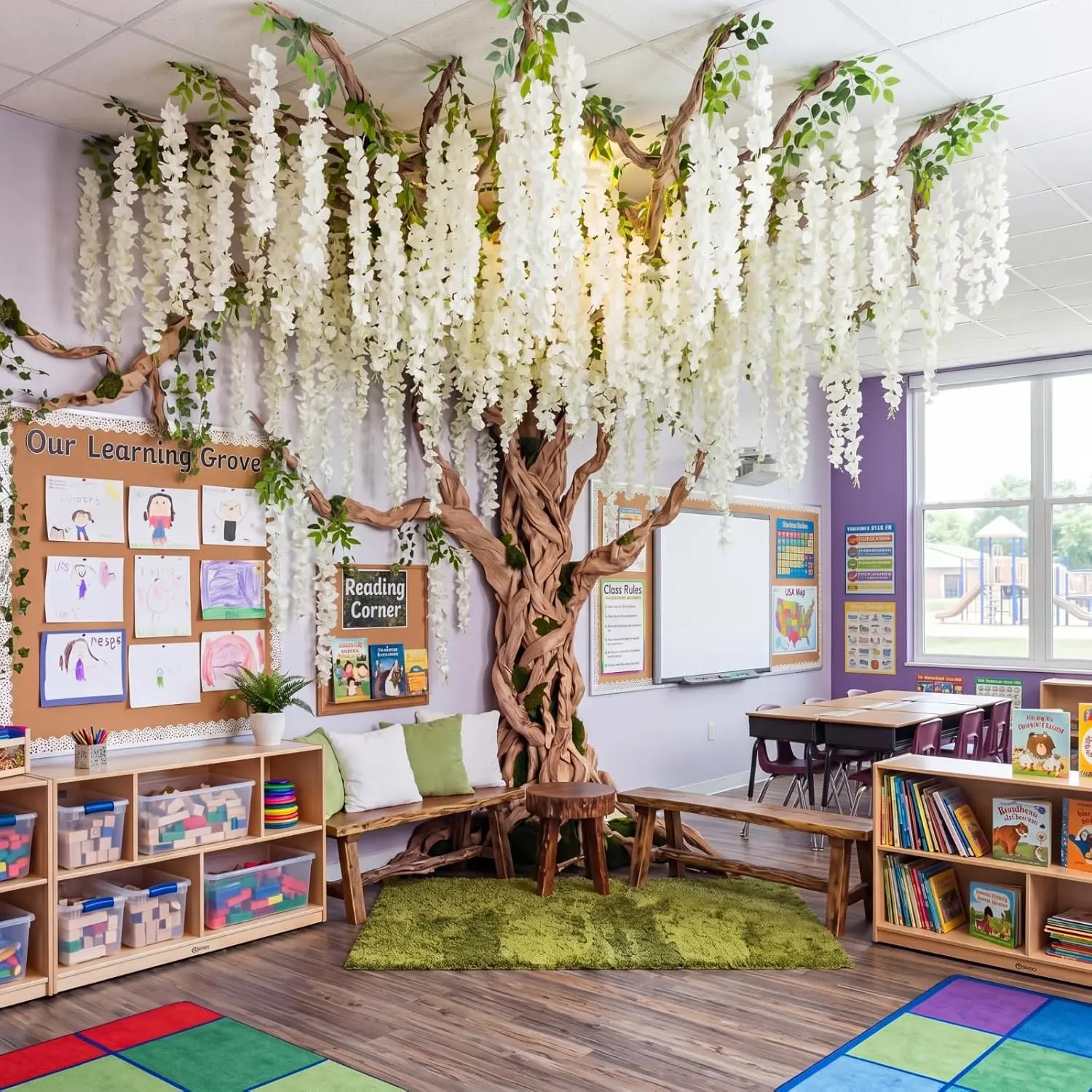 White Artificial 3D Wisteria Hanging Garland Vine - Decorative Nature Plants & Flowers for Classroom Bulletin Board, Fairy Forest Wedding DIY, Room Ceiling Back to School Decoration (Cardboard Paper)