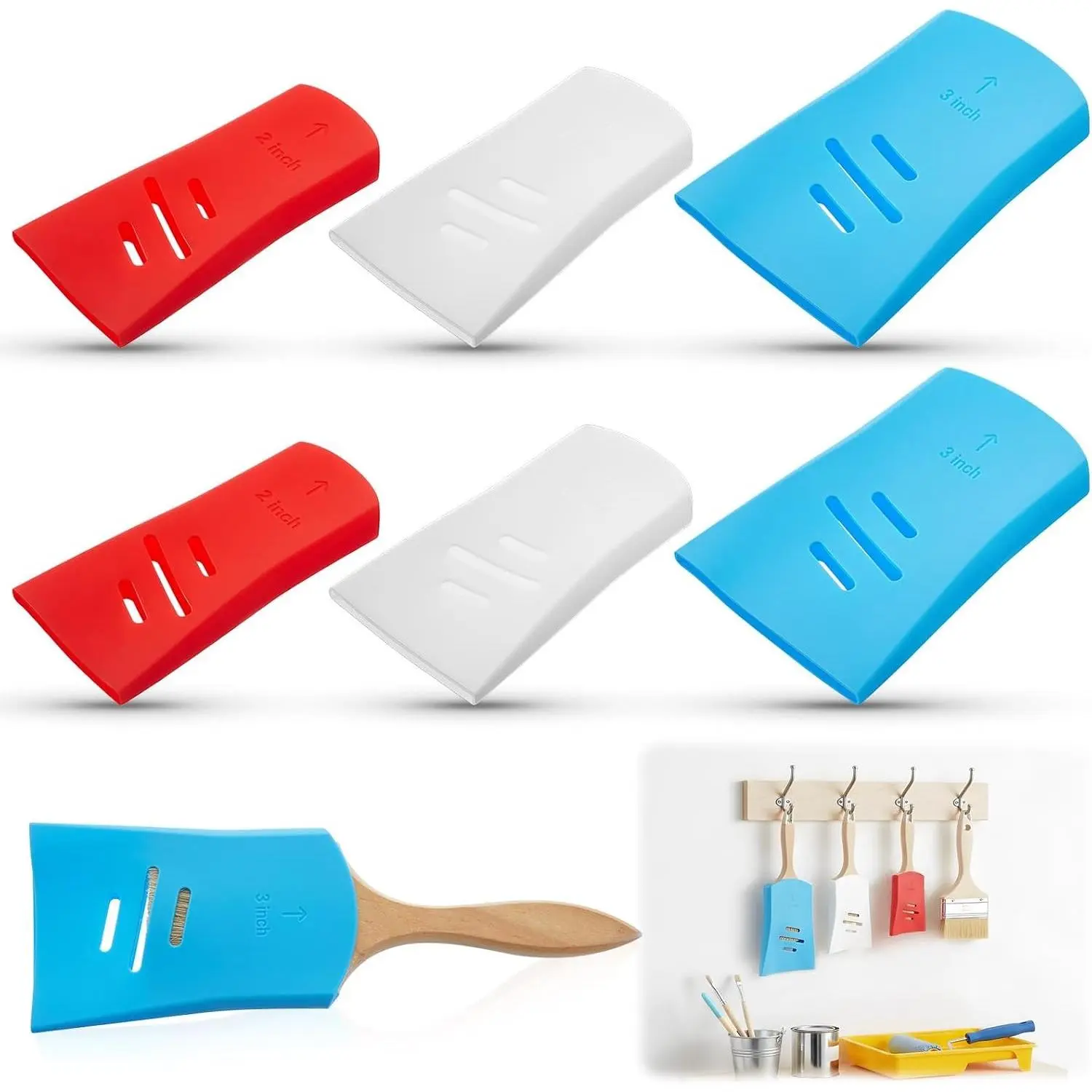 6 Pcs Paint Brush Cover Silicone Multiple Sizes Paint Brush Case Sleeves Protects Bristles Keeps Shape for 2inch 2.5inch and 3inch for Storage and Organizer Blue White Red