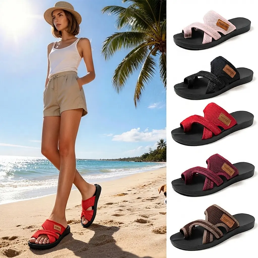 Women's Round Toe Flipflops - Double-String Mesh EVA Upper Slippers with Breathable, Anti-Slip Soft Soles for Beach, Outdoor Wear, Kitten Paw Footwear, Flipflop