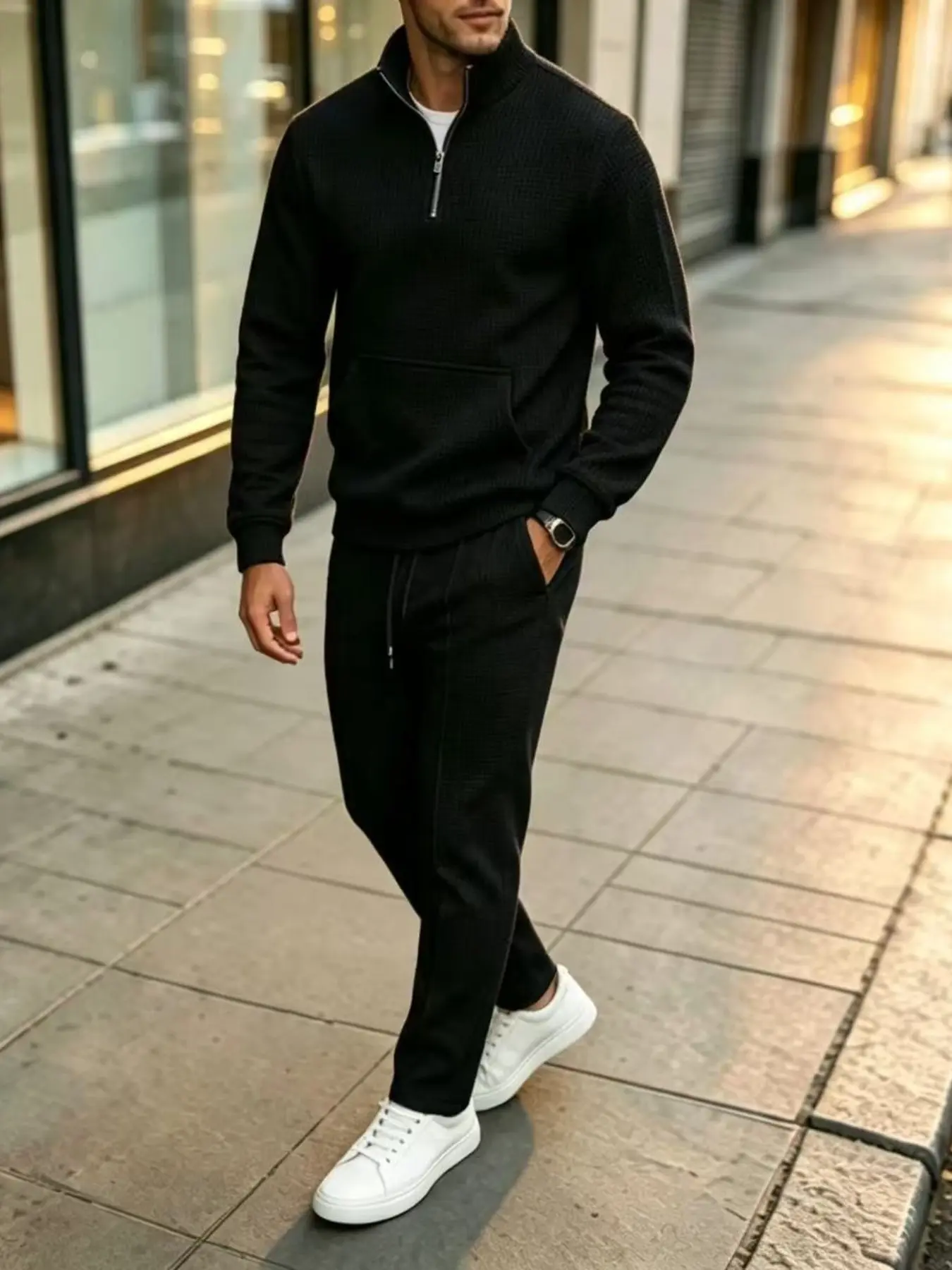 Men's Waffle Knit Two-Piece Set, Half-Zip Waffle Stand-Up Collar Top, Drawstring Long Pants, Casual Sportswear, Fall Streetwear, Sweatsuit Matching Set