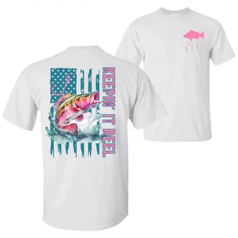 Men's "Keepin' It Reel" Cotton Fishing T-Shirt - Unisex Fish Pattern T-Shirt, Personalized Men's Street Style Outdoor Clothing, Gift for Fishing Enthusiasts (Suitable for pairing with pants), Digital Print, 3Xl, 4Xl