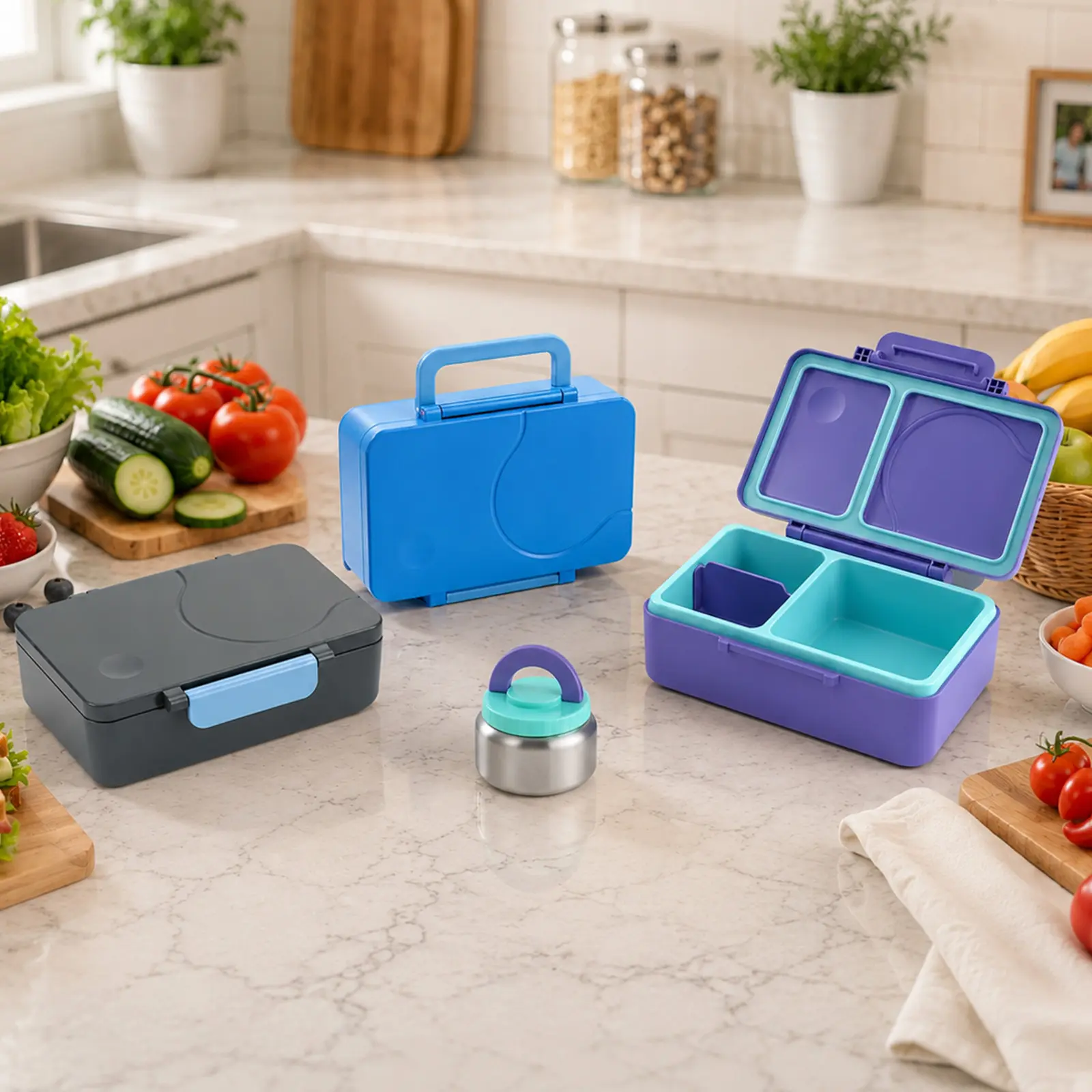 Bento Box with 12oz Insulated Container, Leak-Proof Silicone Seal, 3 Compartments, Dishwasher & Freezer Safe, BPA-Free