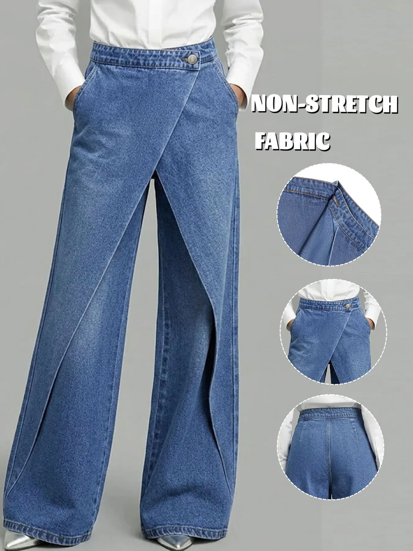 Lkuily Women's Medium Wash Crossover High Waisted Denim Wrap Over Cross Front Single Button High Waist Wide Leg Floor Length Jeans, Diagonal Stitch Drape Loose Hip Cover Long Straight Pants, Minimal Office Unique Design Casual Denim Trousers, Bottoms
