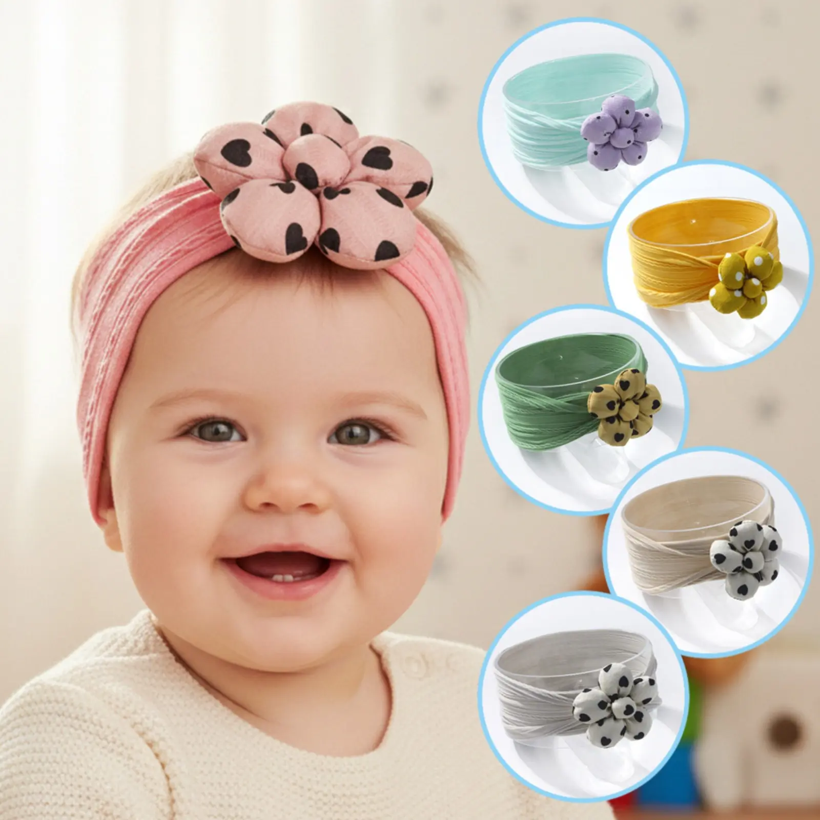 Ruched Texture Elastic Wide Stretch Headband - Textured Polka Dot Fabric with 5-Petal Flower, 6 Muted Neutral Tones, Soft Lightweight Elastic Wrap, All Seasons Sports & Outdoor Accessory for Outdoor Walks, Casual Daily Use