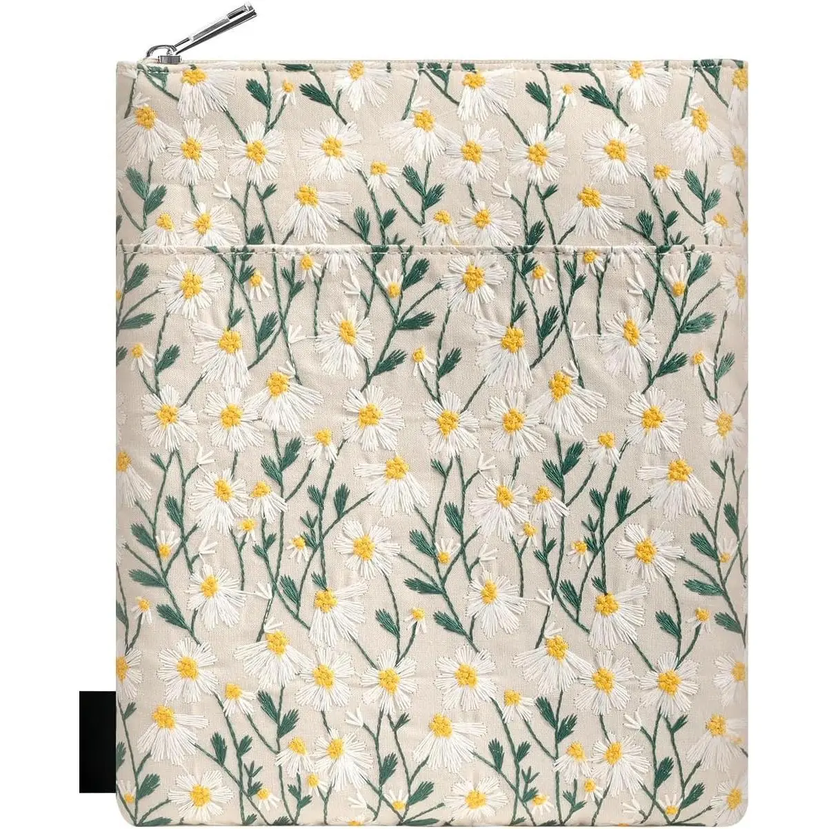 Daisy Embroidered Book Sleeve with Zipper, Book Protector Pouch Books Lovers Gifts Bookish Gifts B- Cover with Front Pocket for Hardcover Paperback, for Reader Teacher, Beige