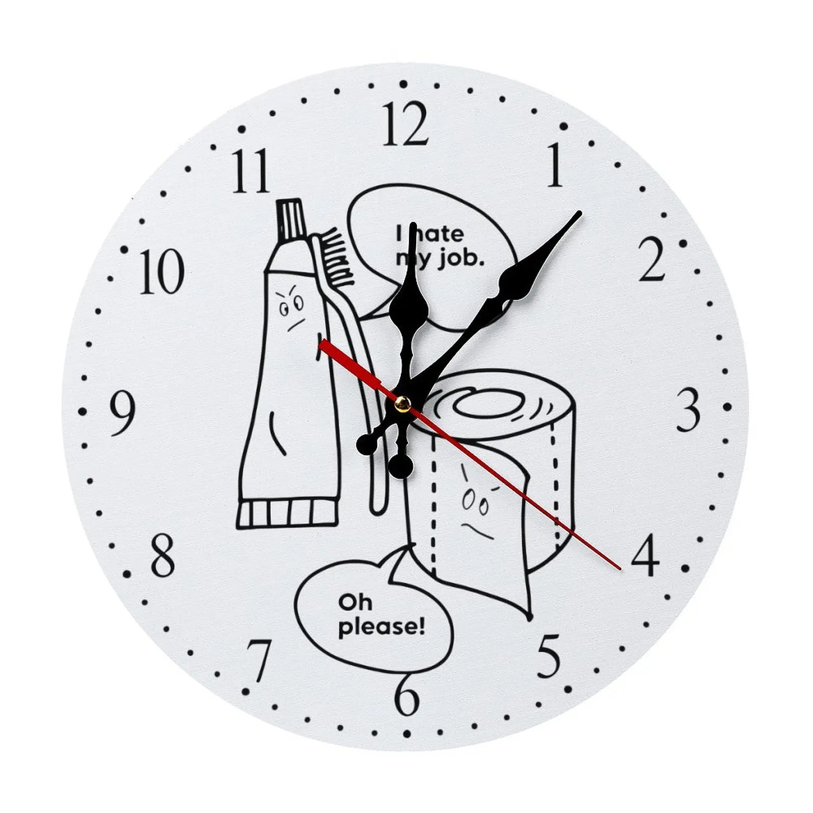 Funny-Goofy Decorative Analog Clock, 10in Round Toothpaste Toilet Paper Themed Bathroom Decor for Adults - 12in Option, I Hate My Job Humor, Easy Install, Room Decor, Home Supplies, Birthday Gift Option