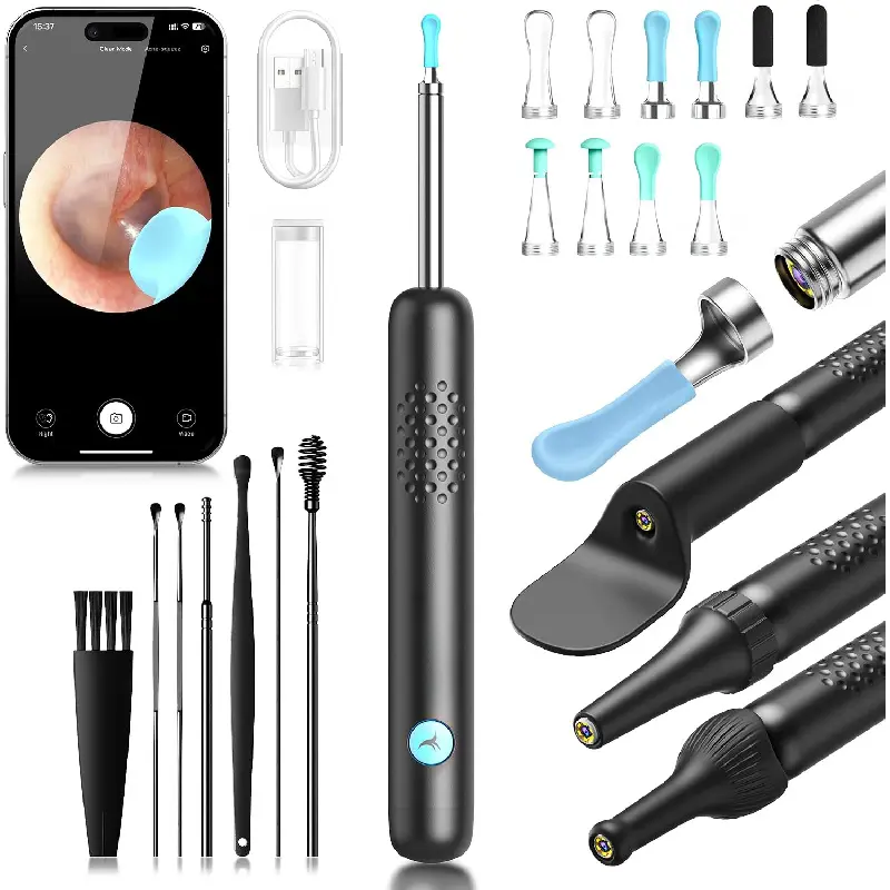 Wax Removal Tool for Ear - Spade Ear Canal Cleaner with Camera 1080P Earscope, Wax Remove Ear Picker with Vari Replacement Tips, Camera with 6LED Light for Ear/Nose/Throat Examination, Black