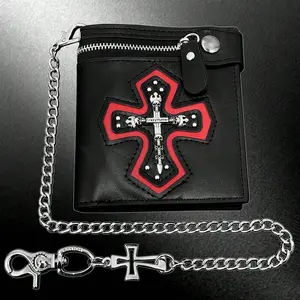 Men Gothic Red Cross Wallet Skull Punk Biker Purse with Chain
