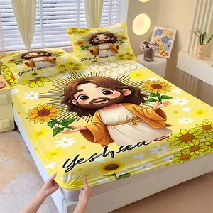 3-Piece Yeshua Jesus Sunflower Fitted Sheet Set,1 Fitted Sheet+2 Pillowcases,Soft Non-Slip Bedding,Faith Religious Decor,Bed Set for Christian Bedroom & Religious Gift