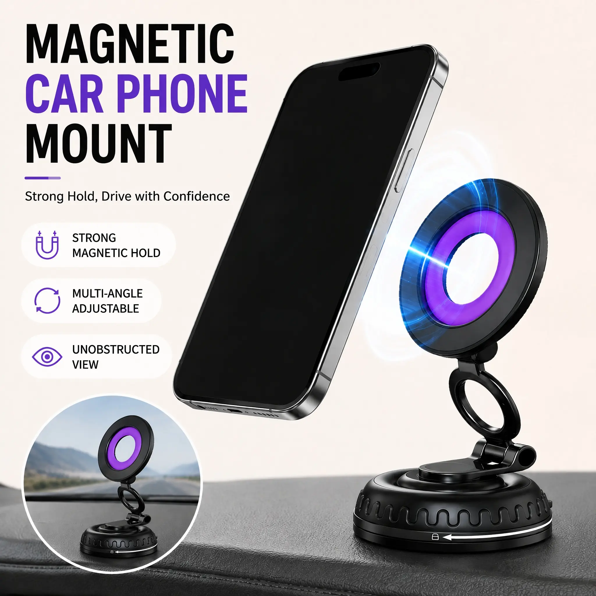[New Version] Car phone holder 360 degree rotation,suitablefor car navigation in-car dashboard,Portable Cell Phone Holder for Car,Foldable Magnetic Phone Holder-YY1