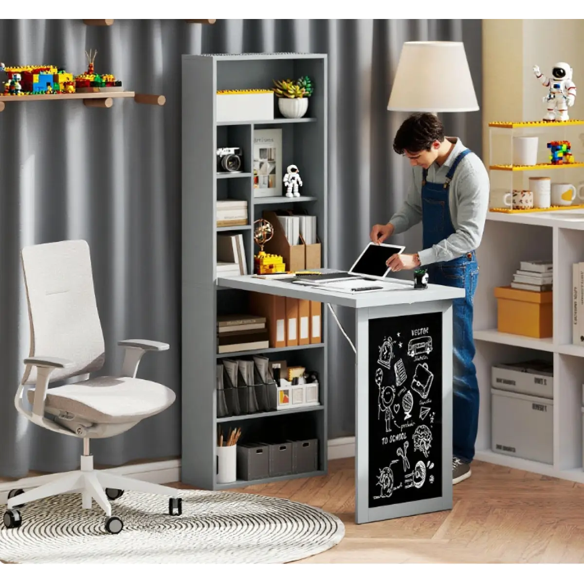 Rectangular Commercial Office Fold-out Convertible Desk - Wall-mounted Particleboard Computer Workstation, 38.5x20x60"