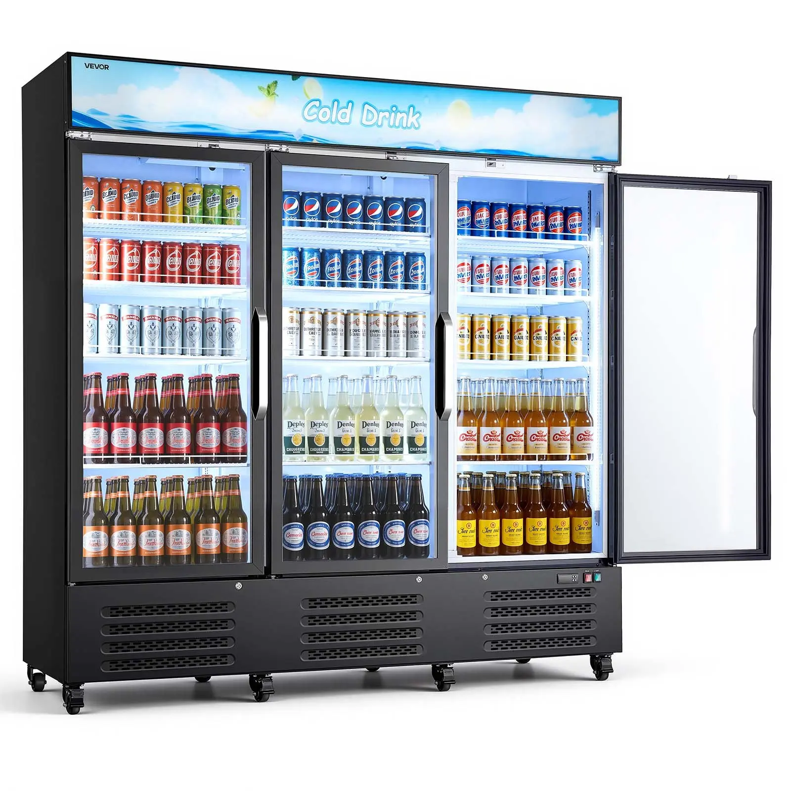 VEVOR Commercial Merchandiser Refrigerator - Commercial Restaurant Equipment, 54.3 Cu. Ft/1538L Upright Beverage Cooler, 3 Glass Doors, Customizable Lightbox, 12 Adjustable Shelves, Soft LED Lighting, Casters