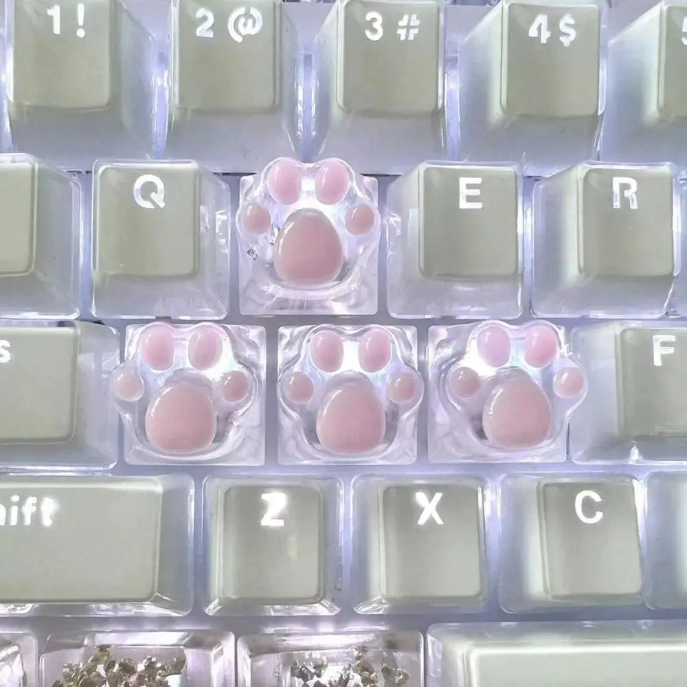 1/4 Pcs Blue+Pink Translucent Cat Paw Resin Keycaps, No-Backlit Mechanical Keyboard Key Cap Set for Cross Axis, Cartoon ESC WASD Keys (PC Gaming Accessory)