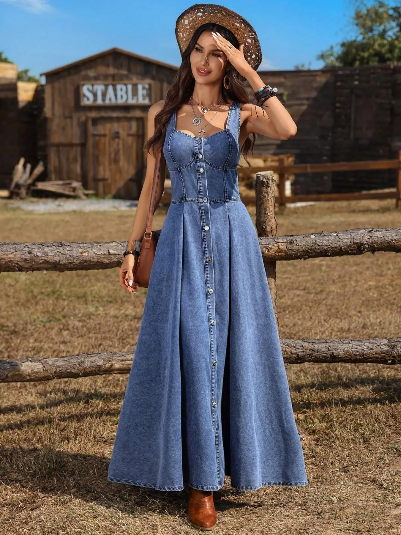 Women's Boho A Line Split Dress, Sleeveless Washed Denim Midi Button Dress, Summer Essential, Elegant Office Wear, Coachella Festival Style
