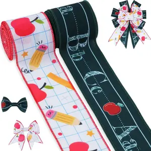 2 Rolls  to School Ribbon 2.5" x 10 Yards Wired  Burlap ABC  Pencil Teacher Ribbon  to School Classroom Decoration Crafts  Wrapping Bow ( to School - ABC)