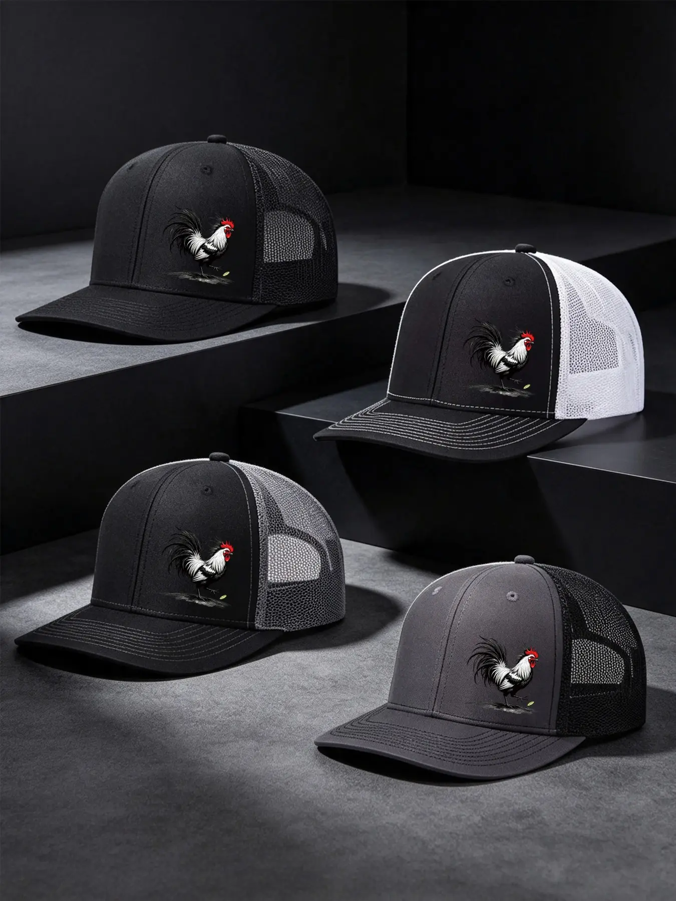 4pcs Unisex Baseball Cap Rooster Printing Hat Mesh Hats for Mens Women Richardson Slightly Curved Brim Baseball Cap Adjustable Trucker Hats Dad Hats Outdoor Mesh Breathable Sun Hat