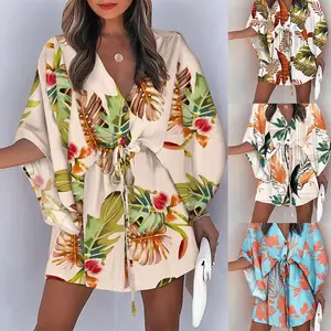 Beach dress, women's summer V-neck tie-dye printed dress, patchwork dress, small batch customization