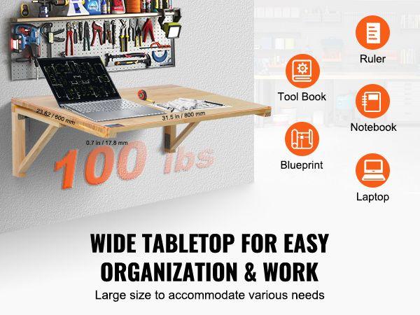 TikTokShopBlackFridayVEVOR Wall Mounted Folding Table, 31.5" x 23.62" Wall Mount Drop Leaf Table, Wooden Floating Desk with Iron Bracket, Fold Down Desk for Small Spaces, Home Office, Dining, Laundry Room, Kitchen, Bar