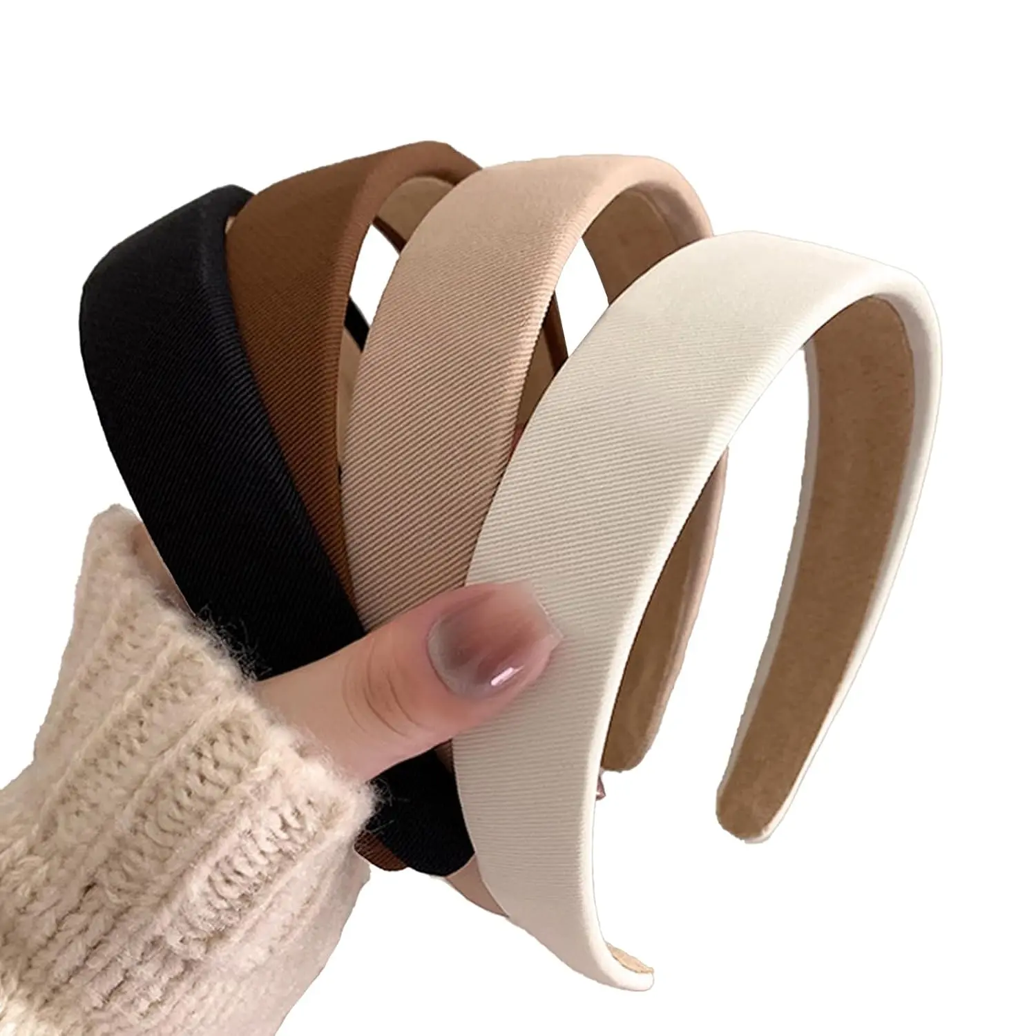 4-Pack Plain Padded Headbands for Women and Girls, Wide Square-Top Non-Slip Female Hair Accessories in Neutral Colors