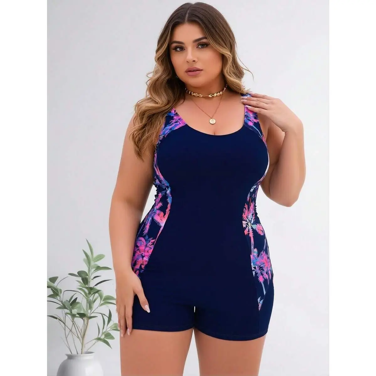Plus Size Navy Blue Palm Print Boyleg Swimsuit, Racerback Tummy Control Bathing Suit