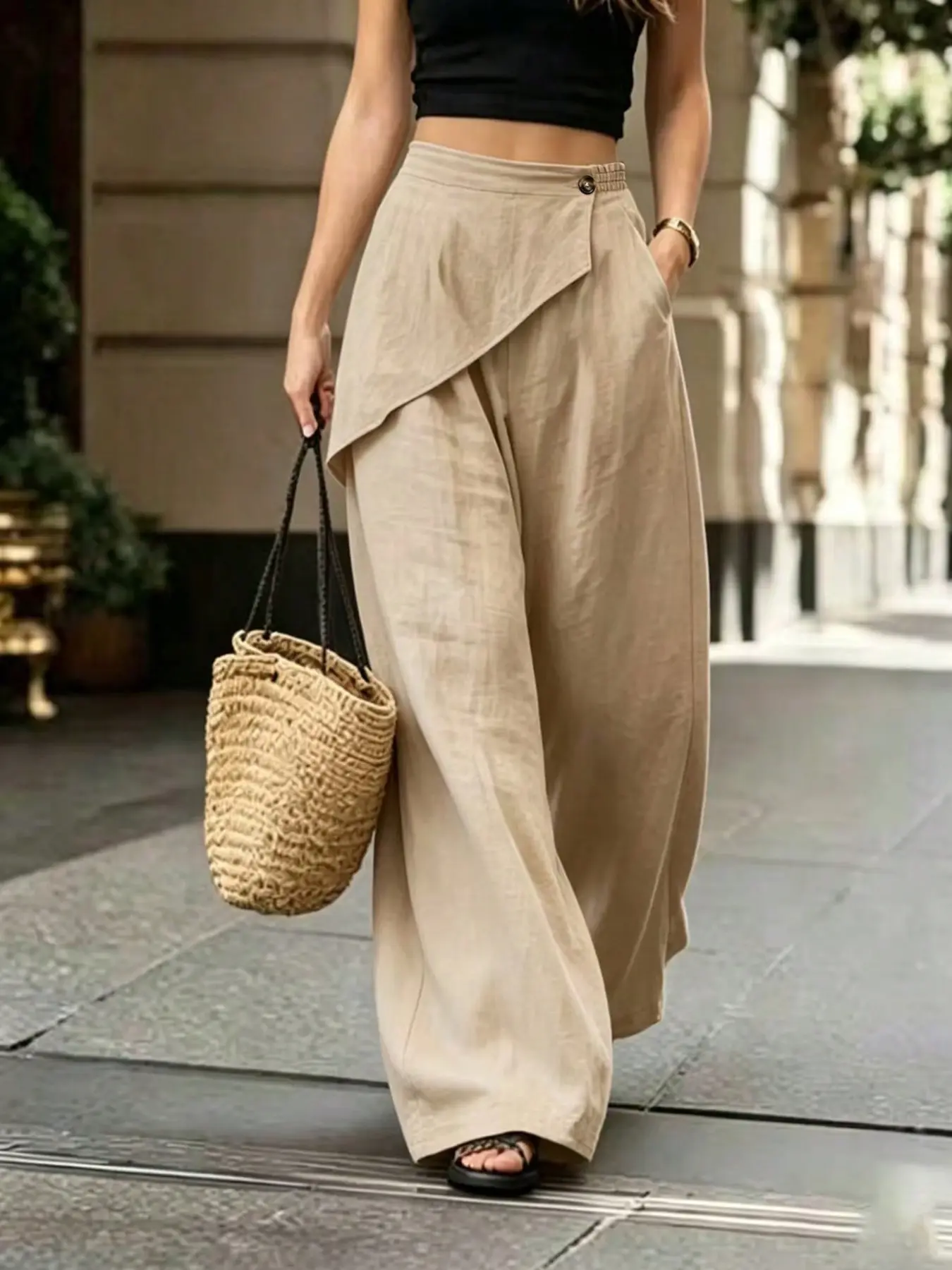 Loose Fit Linen Wide Leg Pants, Adjustable Semi-Elastic Waist Asymmetrical Layered Design, Versatile Casual Trousers for Commuting and Travel