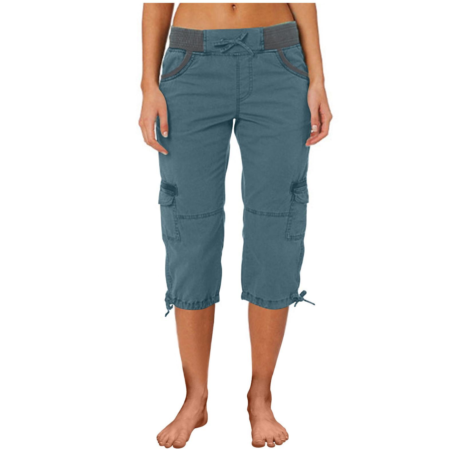 Women Cargo Capris Soild Casual Pants With Pocket Drawstring Outdoor Hiking Pants Women'S Slacks Thin Streetwear Tops Chic White Womenswear Bottom Comfort Basic