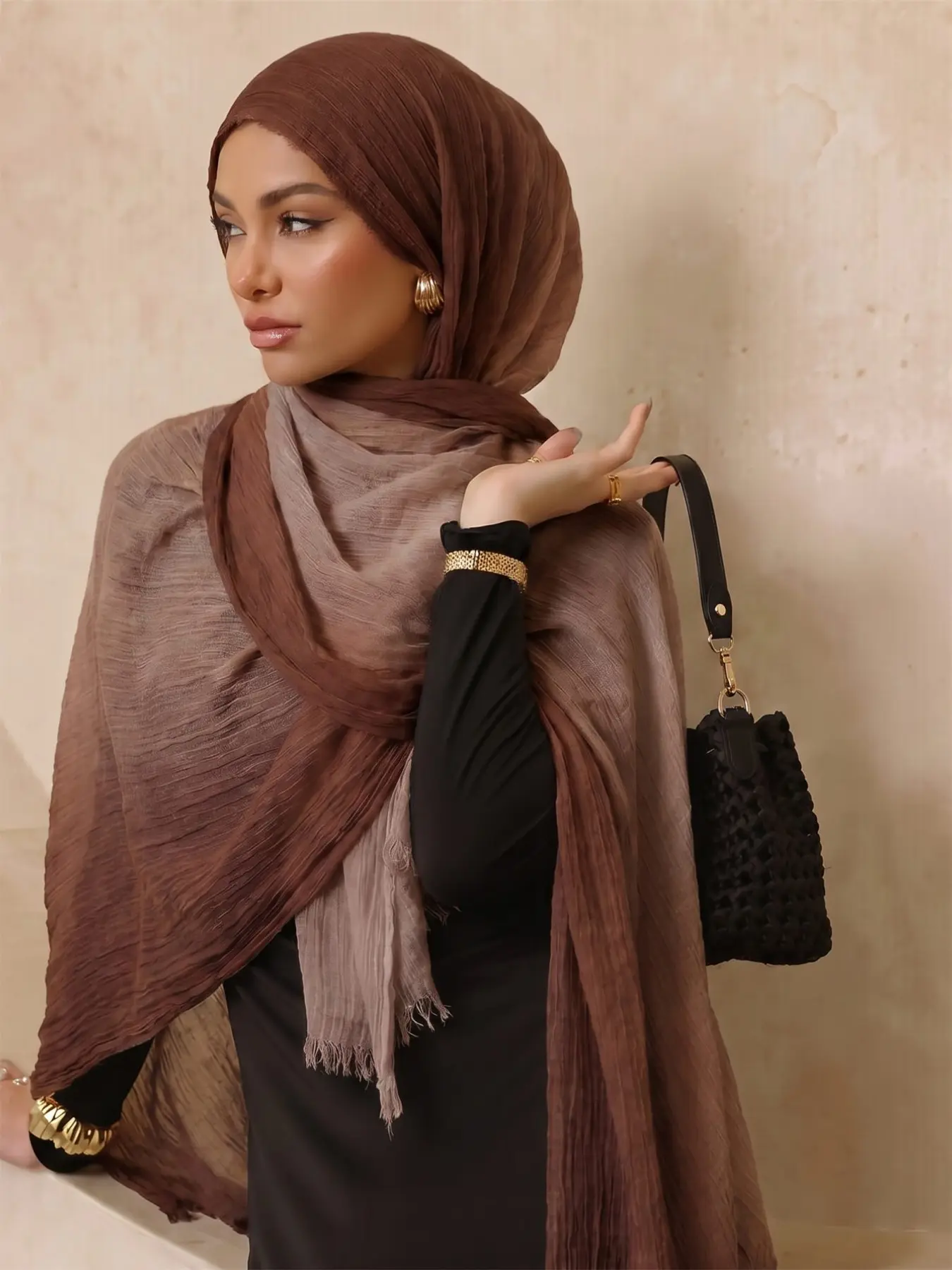 Lightweight Simple Muslim Headscarf Cover Hijab, Elegant Solid Gradient Scarf, Fashion Wrinkle Shawl, Versatile Casual Shawl for Abaya