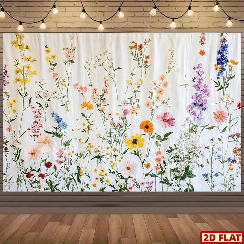 Wildflower Garden Backdrop Banner with Daisy, Lavender & Poppy Floral Design, Polyester Wall Hanging for Wedding, Birthday, Baby Shower Decor