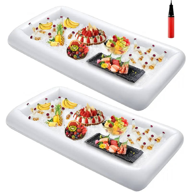 2 PCS Inflatable Cooler, Ice Serving Tray Salad Bar Food Drink Containers with Drain Plug and Hand Air Pump, Inflatable Buffet Cooler for Party Supplies