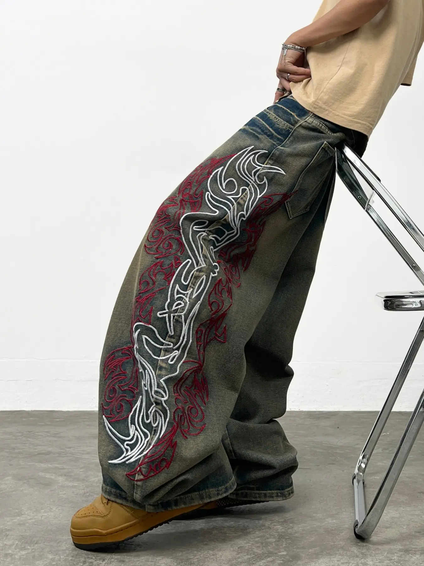 Men's Vintage Embroidered Jeans, Loose-Fit Straight Leg Wide Leg Pants, Y2K Street Style, All Seasons, Multiple Sizes Available
