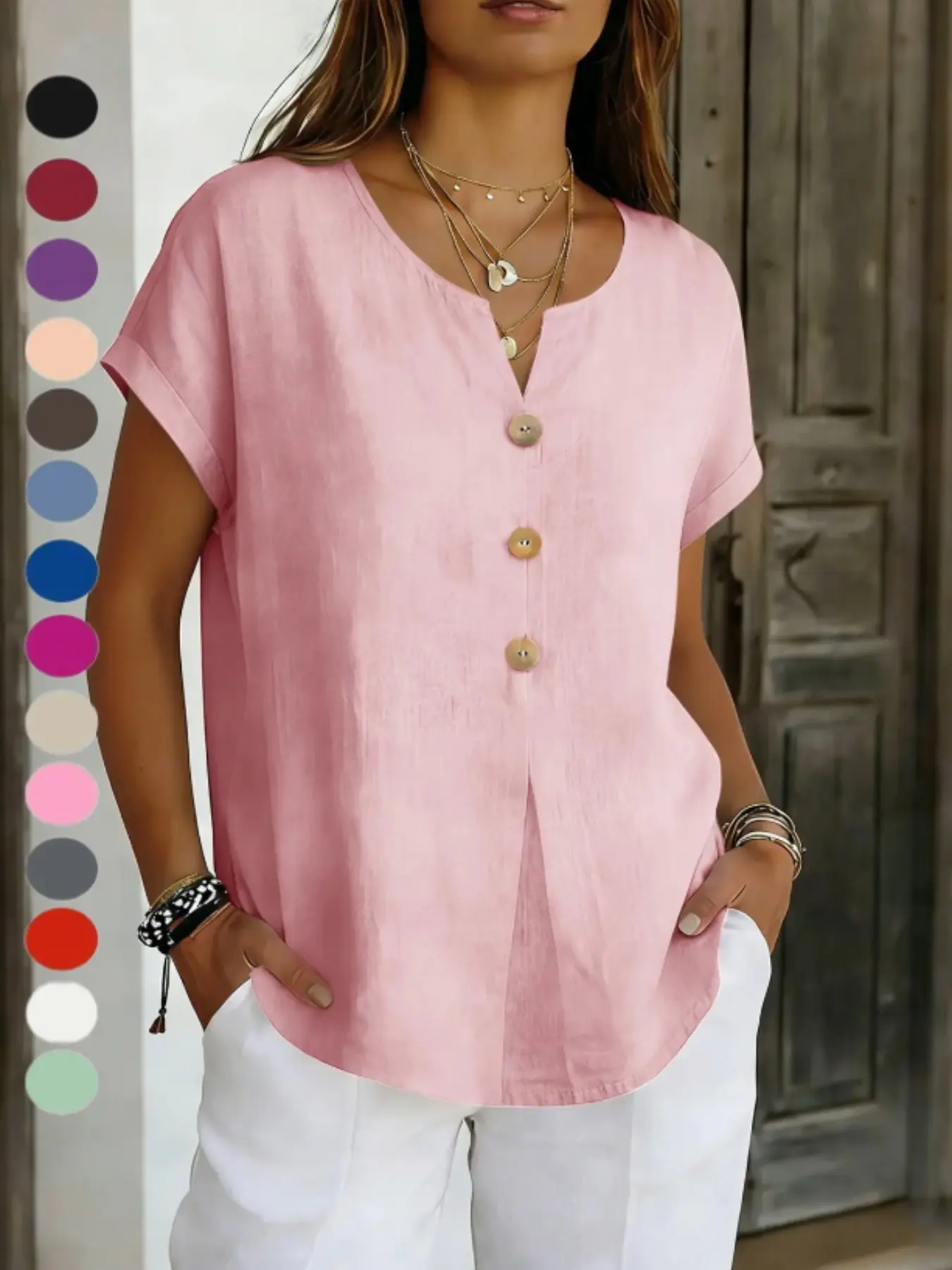 2026 Summer New Women's Fashion Short Sleeve Button Cotton Linen Breathable Top, Pure Color Casual Blouse, European and American Style Shirts