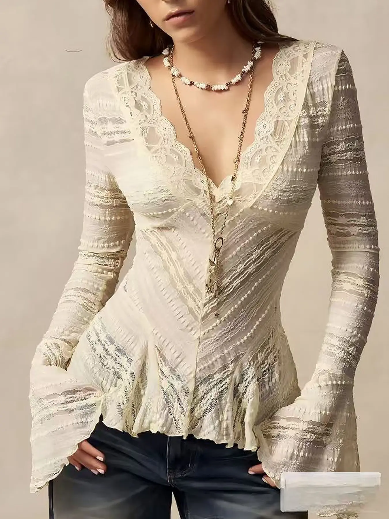 Women's Wave Lace Trim V-Neck Shirt, Long Flared Sleeve Sheer Texture Ruffle Dress Top, Bohemian Boho Vintage Elegant Layering Blouse, Perfect for Dates, Brunch, Streetwear, Vacation