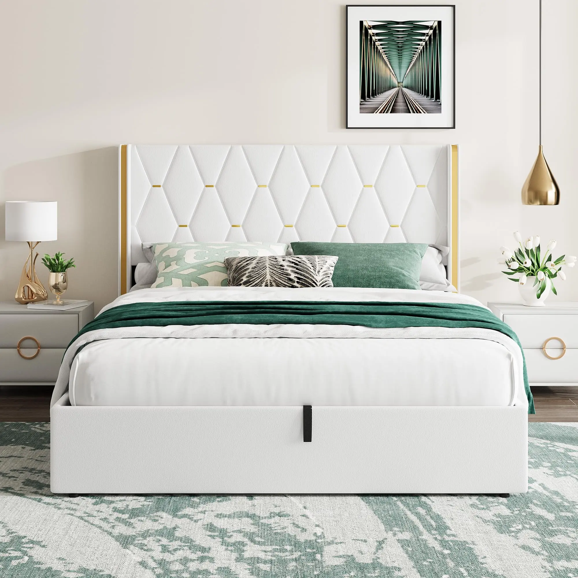Garvee Lift-Up Storage Bed Frame - Full Size Platform with Gold Wingback Headboard, White Velvet Upholstery, Diamond Tufted, Hydraulic Support, No Box Spring Needed