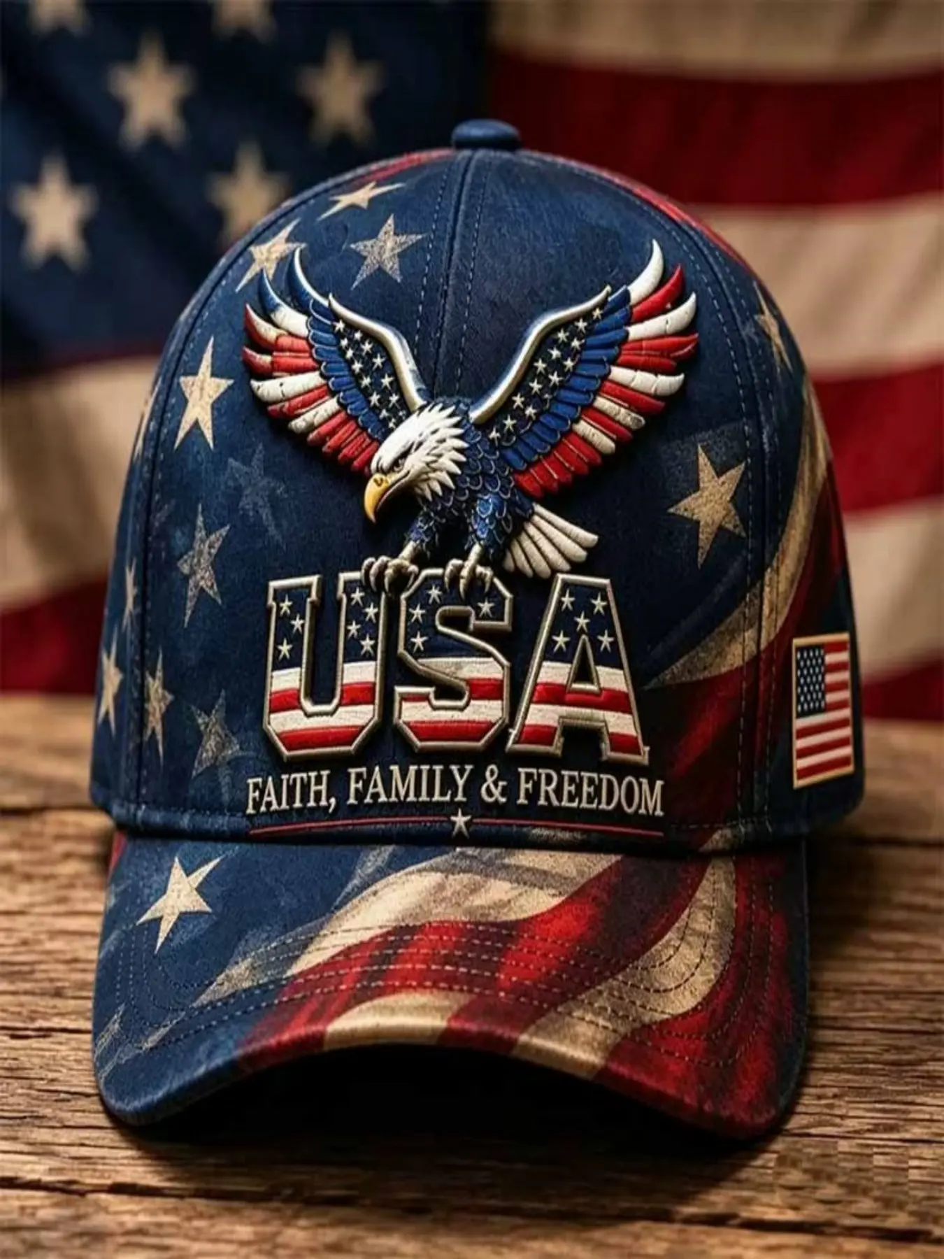 Vintage Worn Distressed Dad Hat Star Spangled Eagle Baseball Cap, Faith Family Freedom American Spirit, Casual Fitted Adjustable Streetwear Hat for All Seasons