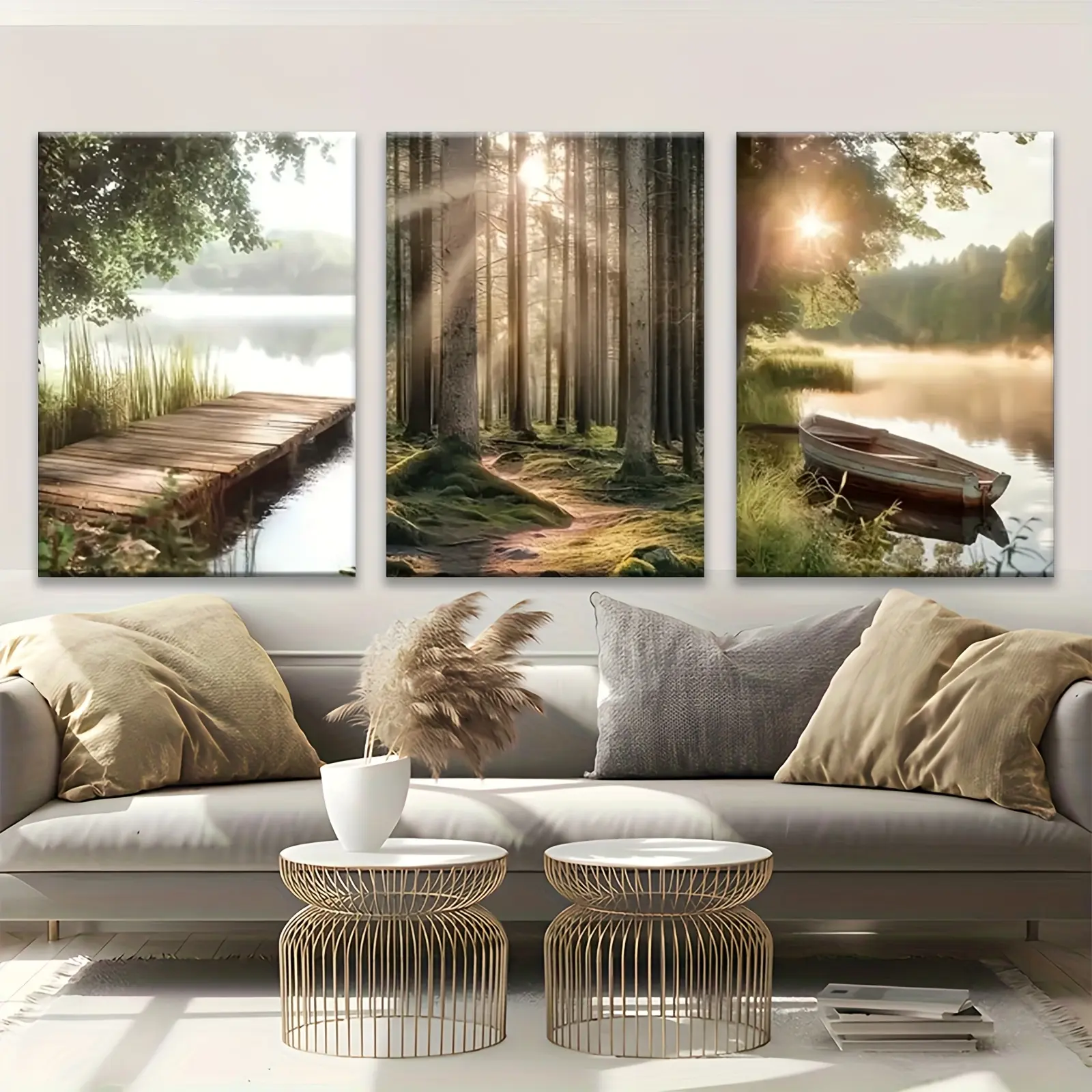 3-piece wooden Artistic Stretch Photo Decoration - 2D Flat Printing Lake Forest Landscape Canvas Art, Zen Aesthetic Nature Wall Mural, for Living Room, Bedroom, Perfect Gifts for Birthday, Father's Day, Housewarming