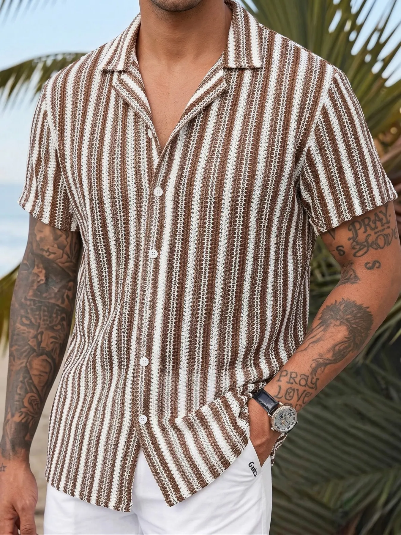 New Men's Shirt Top, Button Up Shirts, button front neckline, Stripe, Striped, Casual, Soft Fabric Short Sleeve, Suit Collar Design, Comfortable and Fashionable, Ideal for Summer, Daily Wear, Gift Option