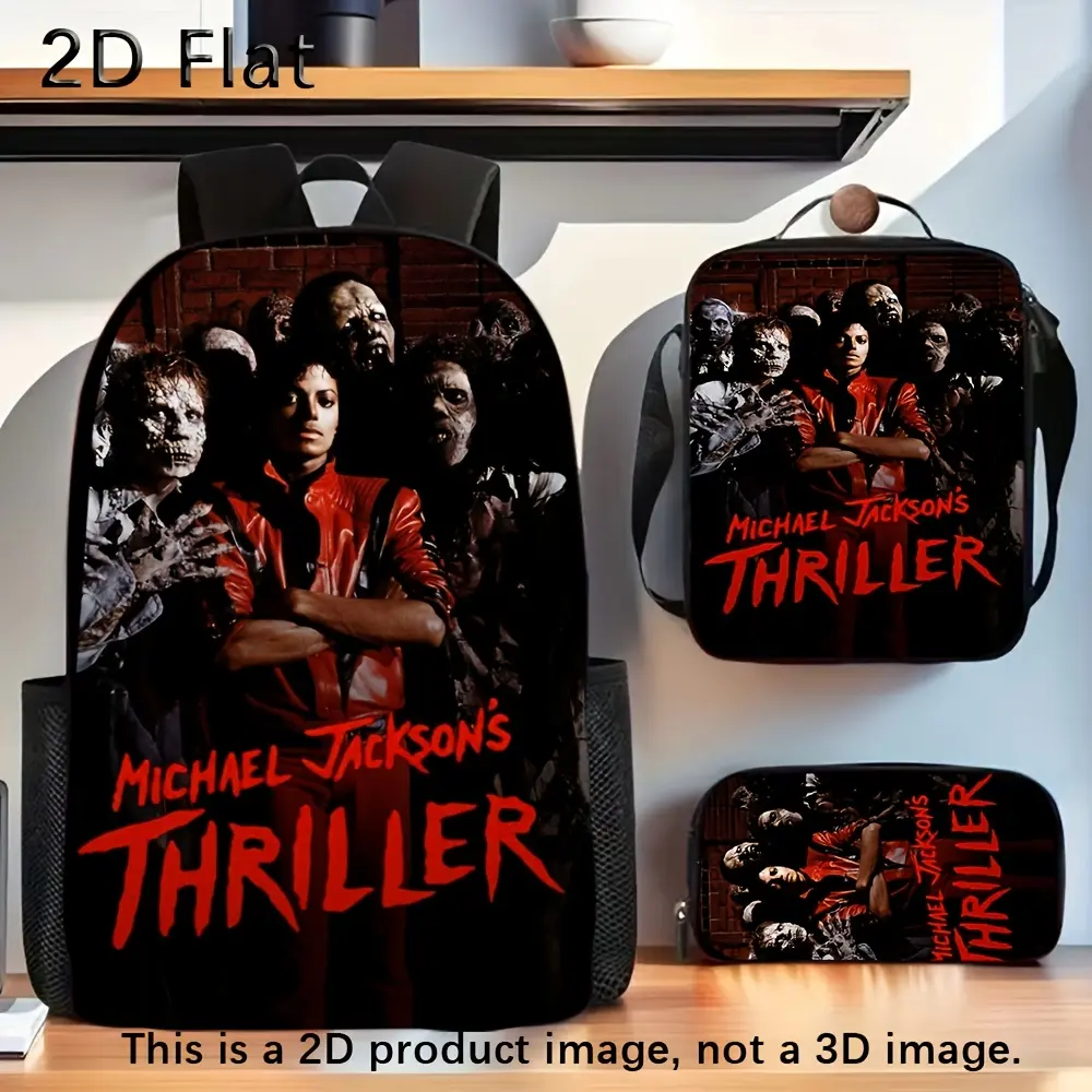 Durable Water Resistant 3-Piece Backpack Set for Kids, Lightweight School Bag with Lunch Box, Dark Brick Wall Background Michael Jackson Thriller Zombie Horror Graphic Print, Spacious 15in Laptop Pocket & Soft Breathable Padded Straps