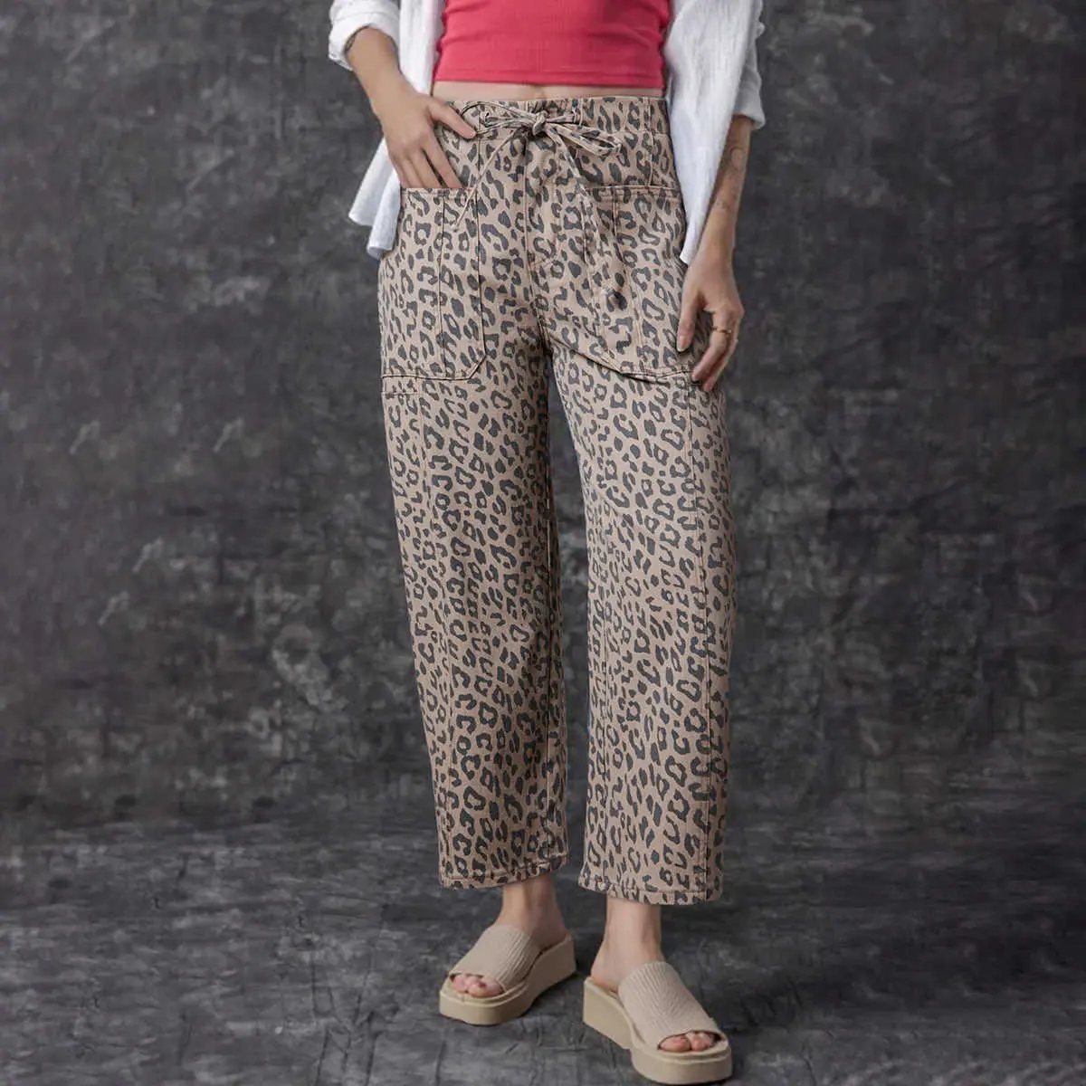 Lady's Cotton Baggy Khaki Leopard Printed Jeans, Casual Drawstring Elastic Waistband, Pocketed Barrel Bottom, Cropped, Fashion, Denim