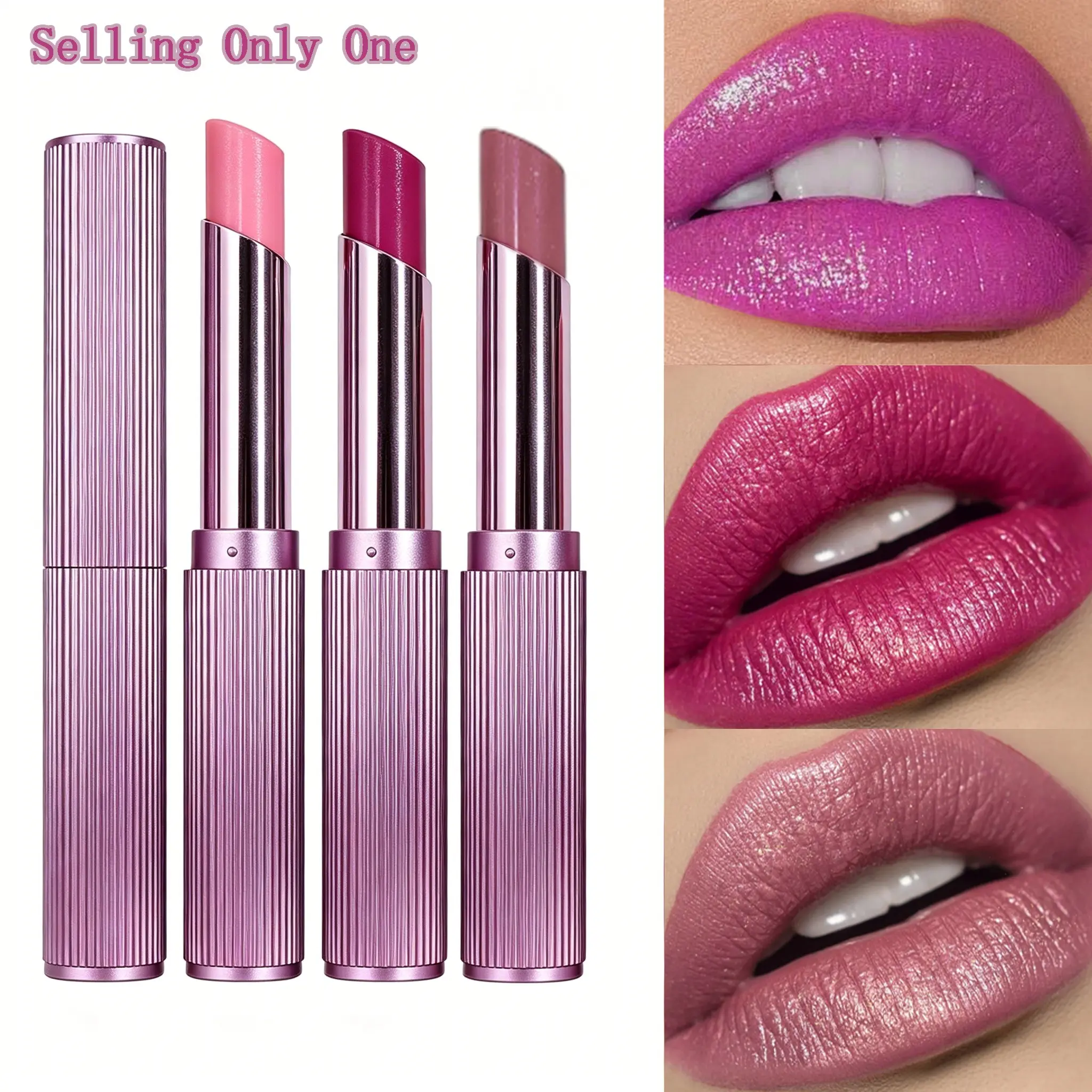3 Shades Metallic Shimmer Lipstick, Glossy Lipstick, Pearlescent Glitter Shiny Lip Stick, Silky Smooth Creamy Formula, High Shine Reflective Finish, Vertical Striped Purple Retractable Tube Design, Glam Party Y2K Bold Lip Makeup