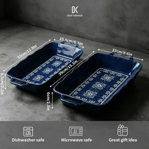 Vintage Blue and White Ceramic Rectangular Baking Dish with Handles, Retro Porcelain Casserole Dish Lasagna Pan, Deep Serving Platter Microwave Safe