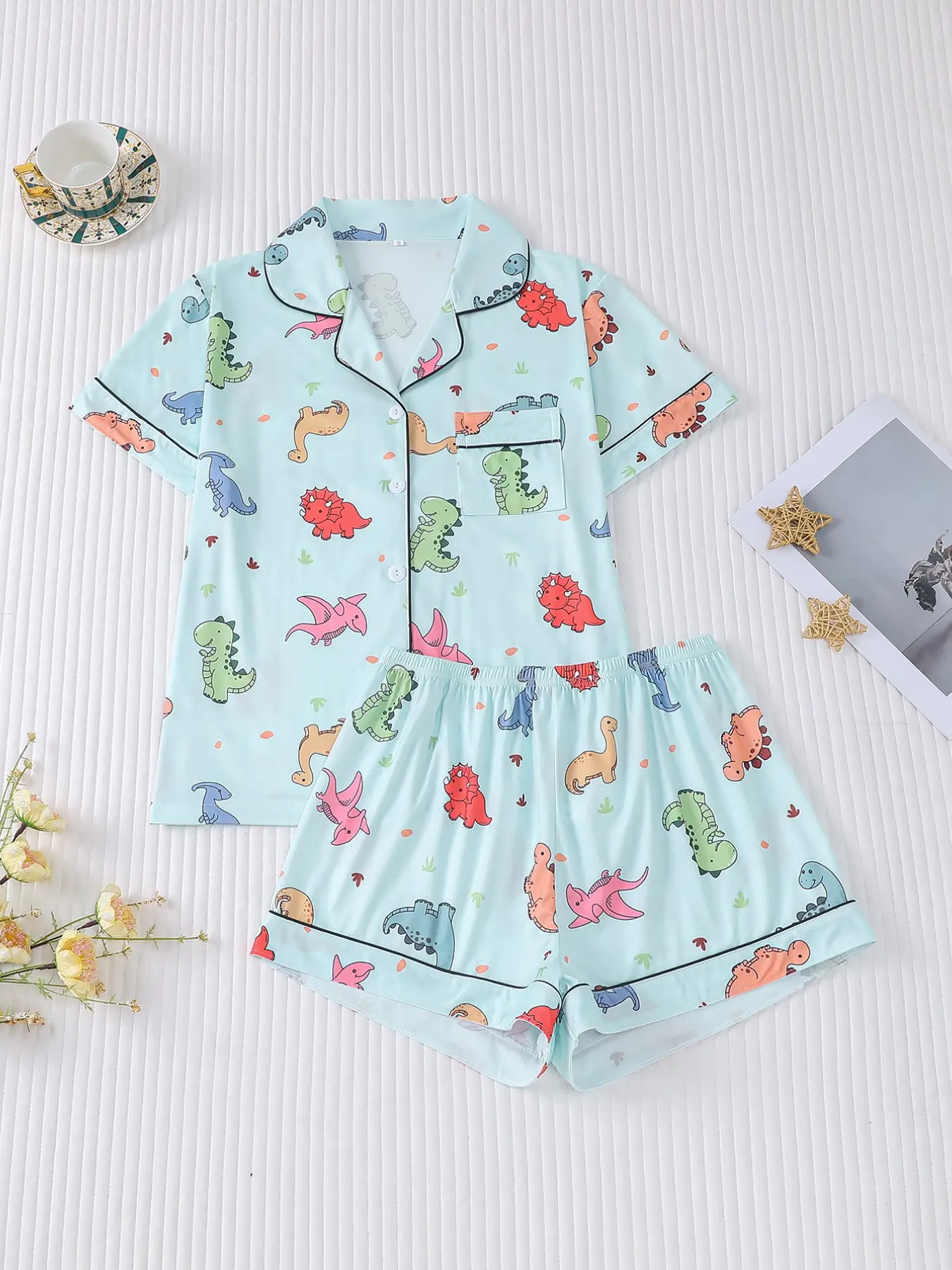 Women's Dinosaur Print Pajama Set, Cartoon Print Pajama, Comfortable Fitted Shirt & Elastic Shorts, Casual Summer Sleepwear, Loungewear for Pajama Party & Home