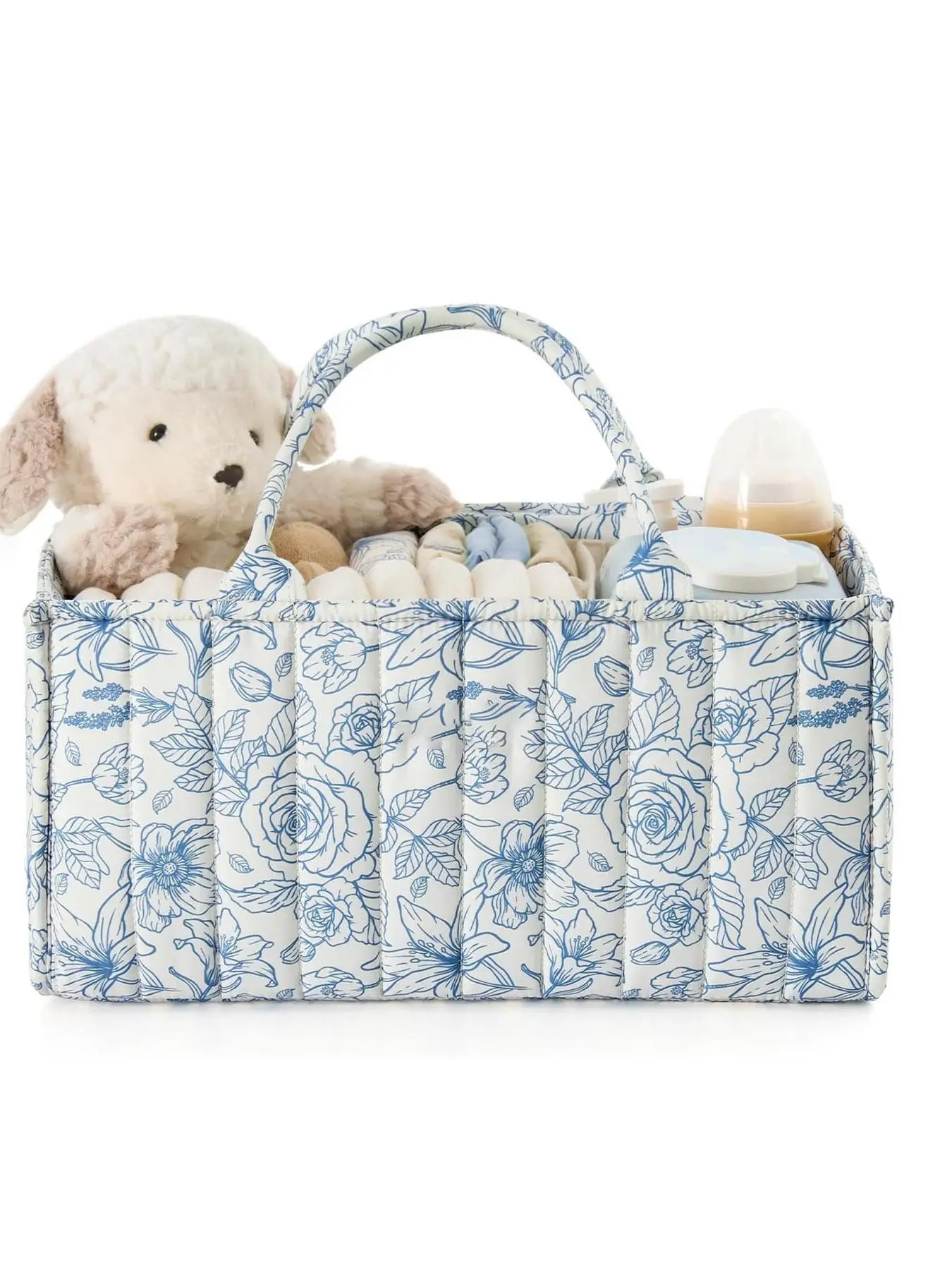 Blue floral quilted diaper storage box, storage basket with dual handles, multifunctional nursery storage box for storing cloths, bottles, wipes essentials, Diaper Organizer, Diaper Caddy
