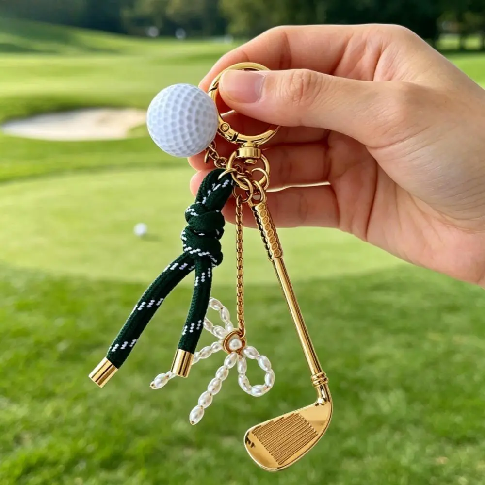 Women's Golf Bag Charm Key Holder, Sporty Chic Clip-On Knitted Rope Accessory with Pearl Accent, Preppy Green Golfer Gift