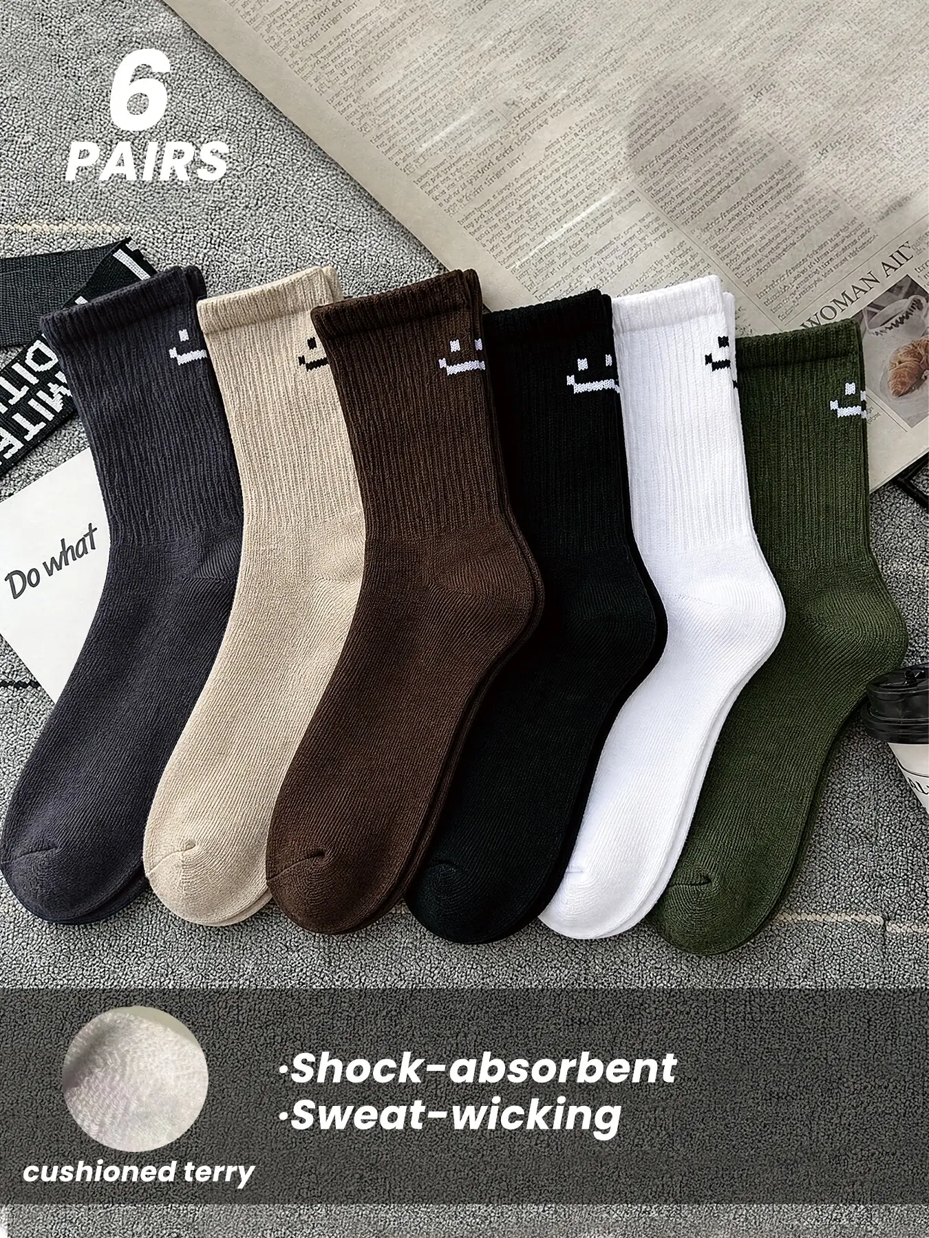 6 Pairs Neutral Pixel Smile Crew Socks, Retro Ribbed Unisex Mid-calf Socks, Trendy Neutral Earth Tone Street Skate Socks Set, Perfect with Birkenstock Sandals, Outfit
