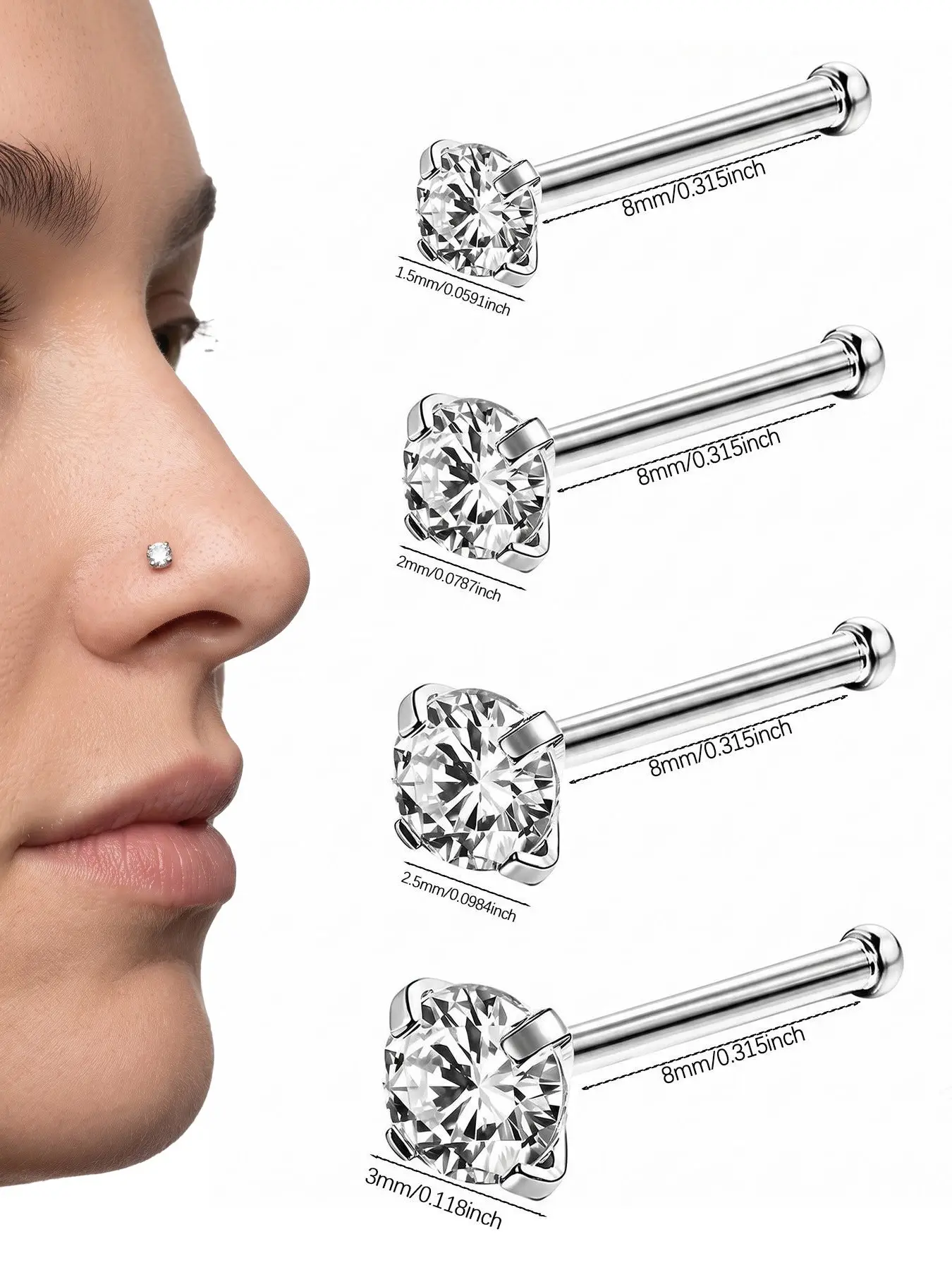 4Pcs Stainless Steel Nose Bone Studs for Women Men, Sparkly Clear CZ Rhinestone Nose Piercing Jewelry Pack, 20G Minimalist Nostril Piercing Stud 1.5mm 2mm 2.5mm 3mm