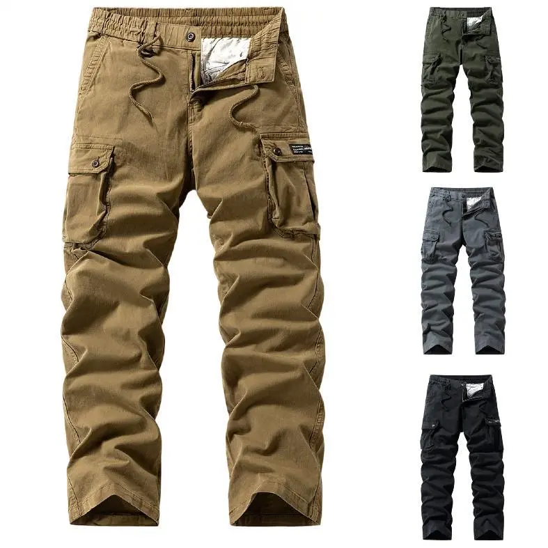 Men’s cotton cargo pants with multiple pockets, elastic drawstring waist, relaxed fit, heavy-duty tactical work pants—outdoor hiking casual trousers for men